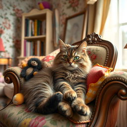 A whimsical, fussy cat with bright green eyes and fluffy fur lounging on an ornate vintage armchair, surrounded by colorful plush toys and intricately patterned cushions