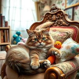 A whimsical, fussy cat with bright green eyes and fluffy fur lounging on an ornate vintage armchair, surrounded by colorful plush toys and intricately patterned cushions
