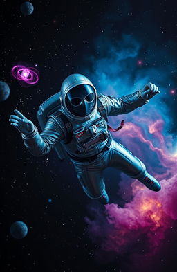 A mysterious masked man floating in the vast expanse of space, surrounded by celestial bodies like vibrant nebulae and twinkling stars