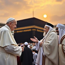 Pope Francis engaged in a respectful exchange with Muslim sheikhs at the Holy Kaaba, surrounded by a diverse group of worshippers