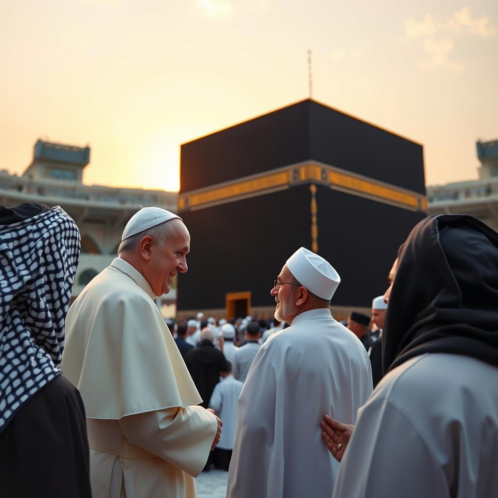 Pope Francis engaged in a respectful exchange with Muslim sheikhs at the Holy Kaaba, surrounded by a diverse group of worshippers