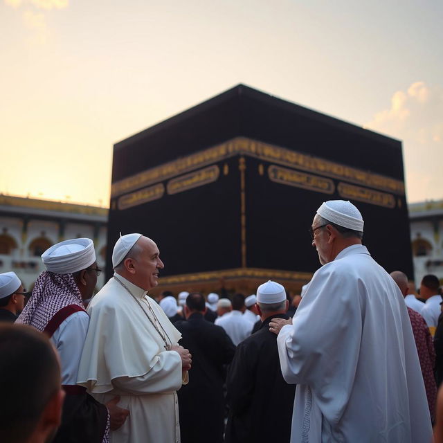 Pope Francis engaged in a respectful exchange with Muslim sheikhs at the Holy Kaaba, surrounded by a diverse group of worshippers