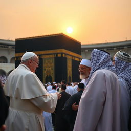 Pope Francis engaged in a respectful exchange with Muslim sheikhs at the Holy Kaaba, surrounded by a diverse group of worshippers