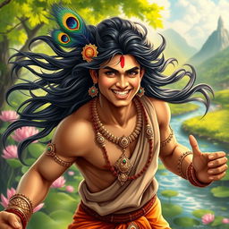 A dynamic portrait of a man embodying the essence of Krishna, inspired by the style of Mahesh Babu
