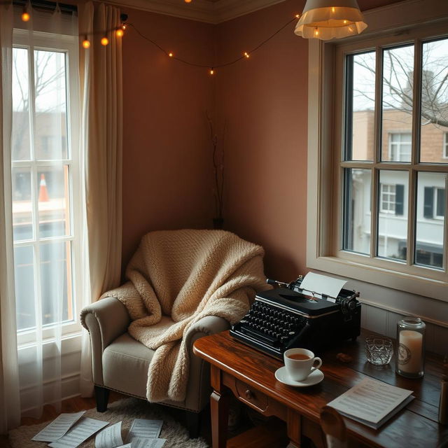 A serene and romantic atmosphere perfect for writing a love song, featuring a softly lit room with warm colors