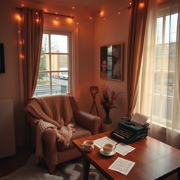 A serene and romantic atmosphere perfect for writing a love song, featuring a softly lit room with warm colors