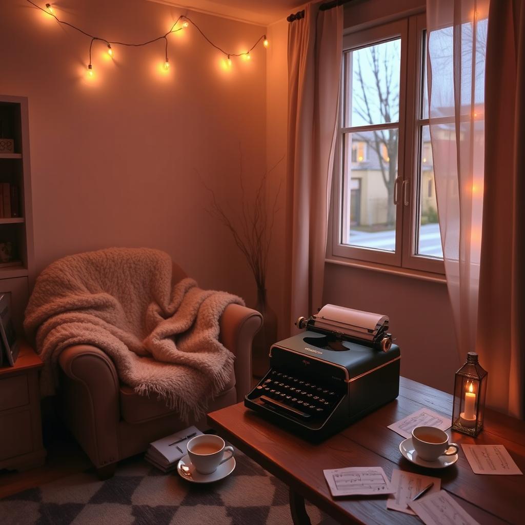 A serene and romantic atmosphere perfect for writing a love song, featuring a softly lit room with warm colors