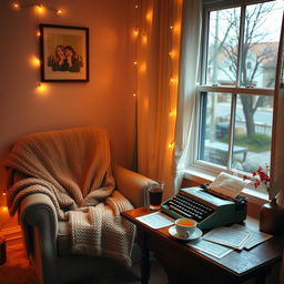 A serene and romantic atmosphere perfect for writing a love song, featuring a softly lit room with warm colors