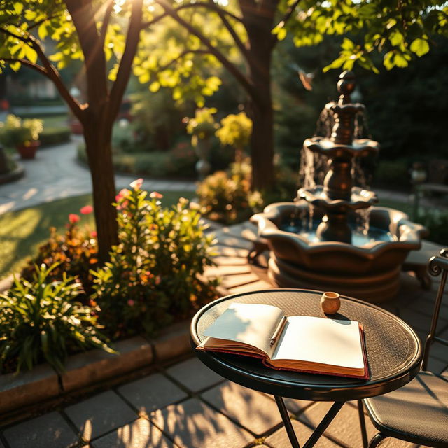 A peaceful and romantic setting ideal for writing a love song, featuring a quaint café table set in a beautiful garden during the golden hour