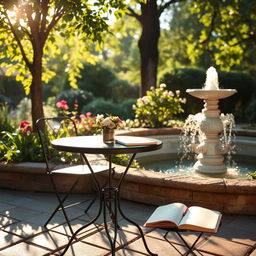 A peaceful and romantic setting ideal for writing a love song, featuring a quaint café table set in a beautiful garden during the golden hour