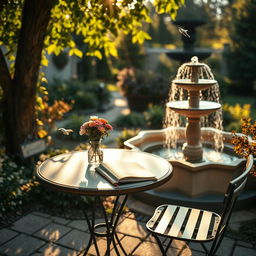 A peaceful and romantic setting ideal for writing a love song, featuring a quaint café table set in a beautiful garden during the golden hour