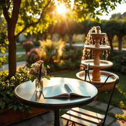 A peaceful and romantic setting ideal for writing a love song, featuring a quaint café table set in a beautiful garden during the golden hour