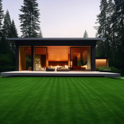 A modern home with sleek architecture, clean lines, and large windows. It should be surrounded by a lush green lawn.
