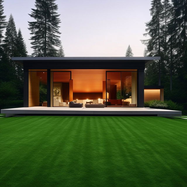 A modern home with sleek architecture, clean lines, and large windows. It should be surrounded by a lush green lawn.