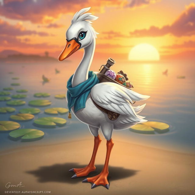 A detailed concept art of a unique swan character designed for a video game