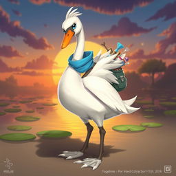 A detailed concept art of a unique swan character designed for a video game