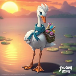 A detailed concept art of a unique swan character designed for a video game