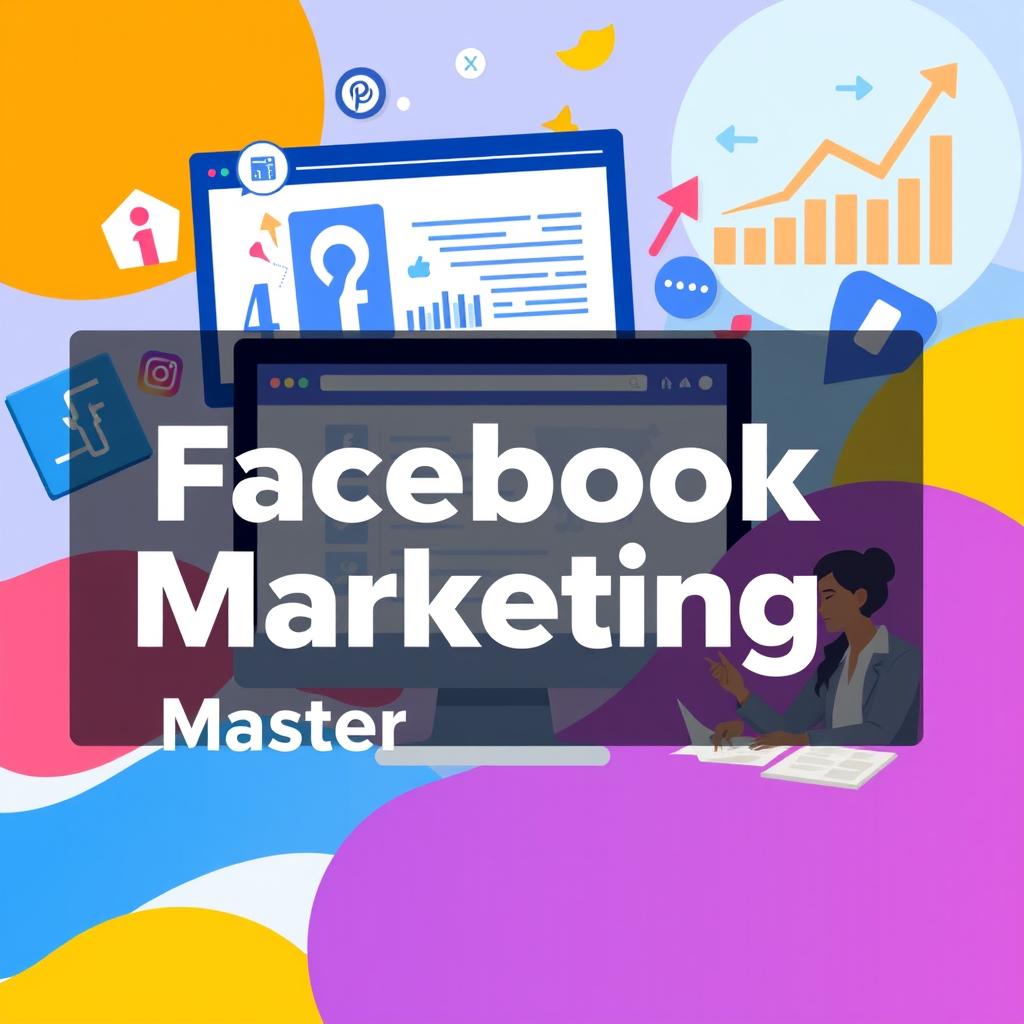 An engaging online course cover image for Facebook marketing, featuring a vibrant color palette and dynamic layout