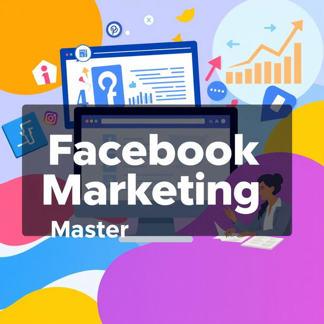 An engaging online course cover image for Facebook marketing, featuring a vibrant color palette and dynamic layout