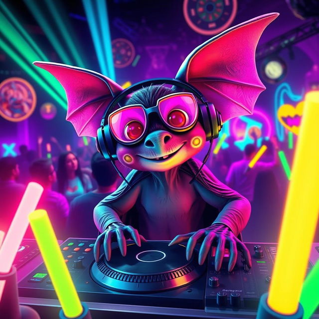 A whimsical scene featuring a cool bat DJ at an electrifying rave, surrounded by vibrant neon lights and colorful decorations