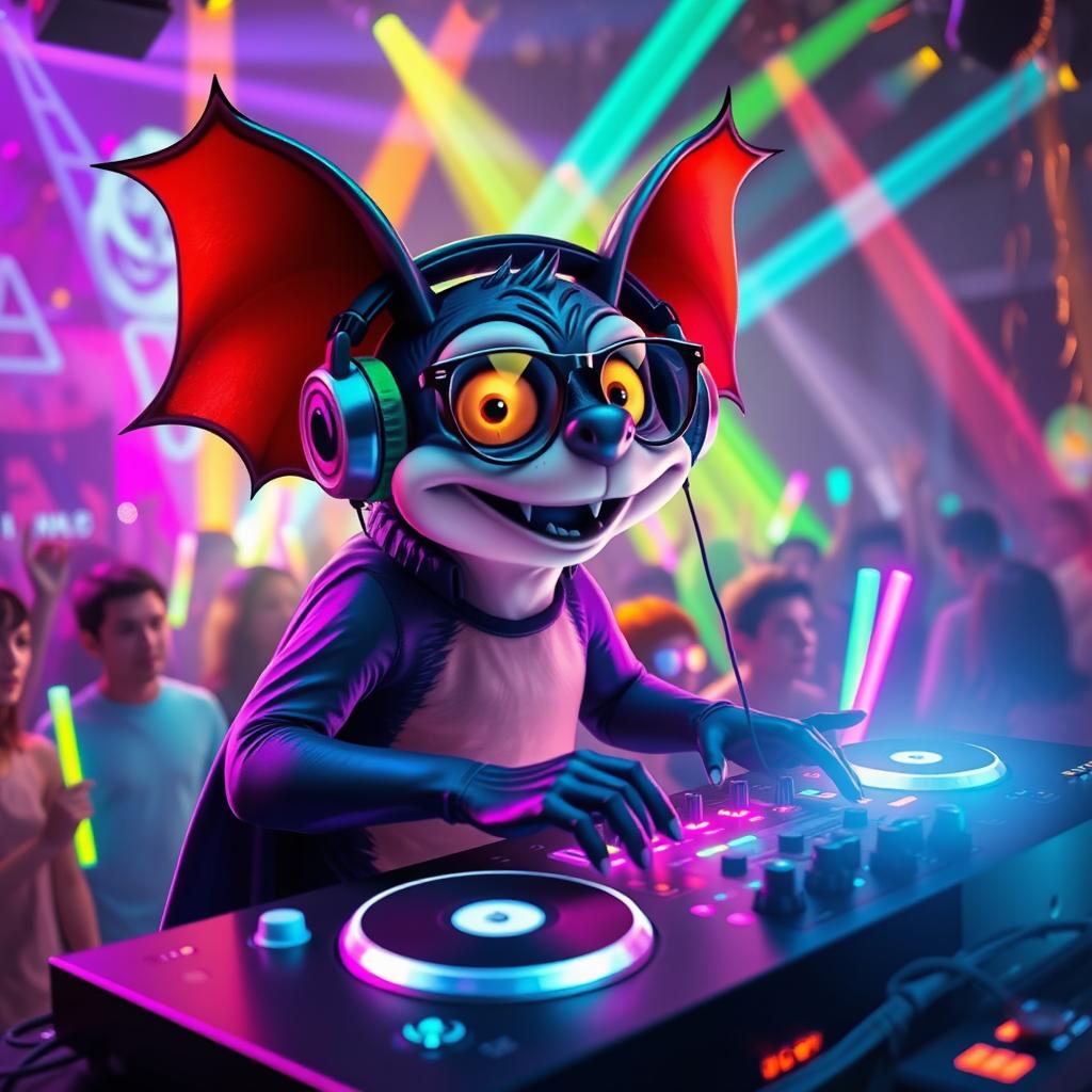 A whimsical scene featuring a cool bat DJ at an electrifying rave, surrounded by vibrant neon lights and colorful decorations