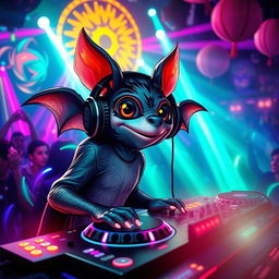 A whimsical scene featuring a cool bat DJ at an electrifying rave, surrounded by vibrant neon lights and colorful decorations