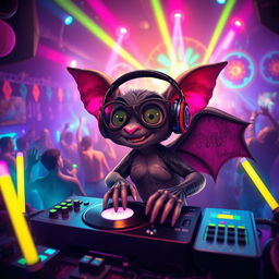 A whimsical scene featuring a cool bat DJ at an electrifying rave, surrounded by vibrant neon lights and colorful decorations