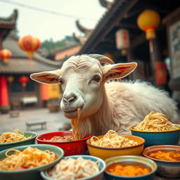 A goat peacefully munching on local noodles in a picturesque setting in China