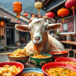 A goat peacefully munching on local noodles in a picturesque setting in China