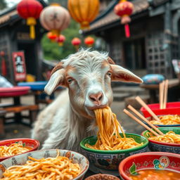 A goat peacefully munching on local noodles in a picturesque setting in China