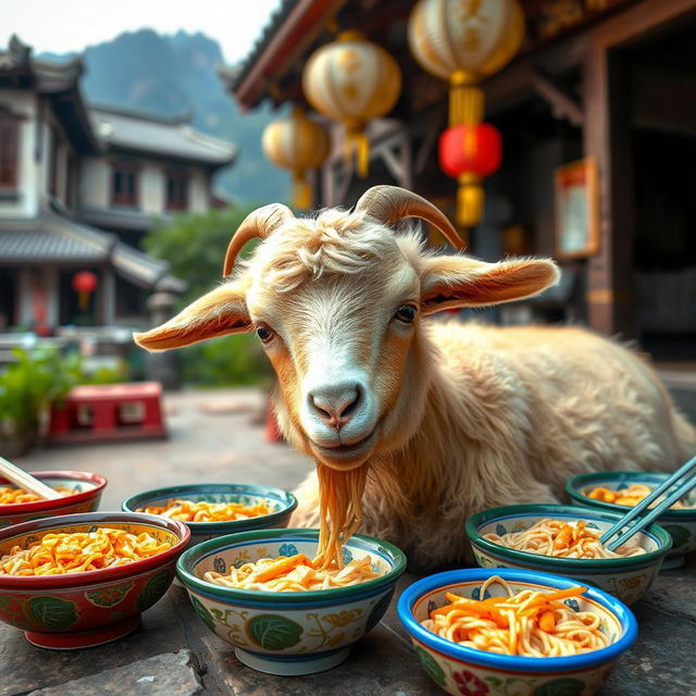 A goat peacefully munching on local noodles in a picturesque setting in China