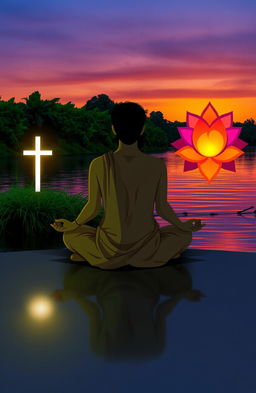 A contemplative scene depicting an individual in the midst of a spiritual journey, transitioning from Christianity to Hinduism