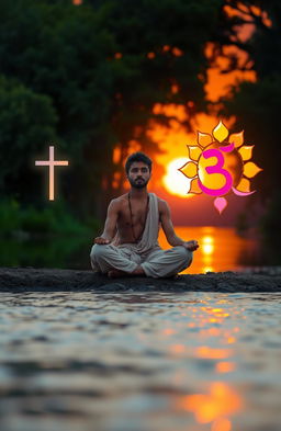 A contemplative scene depicting an individual in the midst of a spiritual journey, transitioning from Christianity to Hinduism