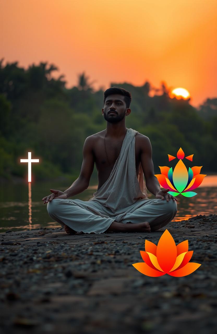 A contemplative scene depicting an individual in the midst of a spiritual journey, transitioning from Christianity to Hinduism