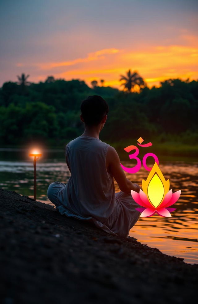 A contemplative scene depicting an individual in the midst of a spiritual journey, transitioning from Christianity to Hinduism