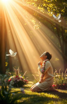 A serene and spiritually rich scene depicting a person experiencing a profound conversion to Christianity in a beautiful outdoor setting