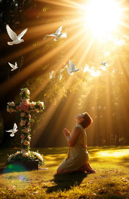 A serene and spiritually rich scene depicting a person experiencing a profound conversion to Christianity in a beautiful outdoor setting