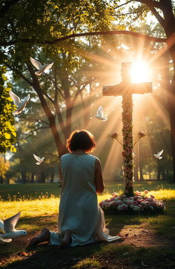 A serene and spiritually rich scene depicting a person experiencing a profound conversion to Christianity in a beautiful outdoor setting