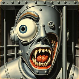 A retro-futurism album cover from the 1950s featuring a solitary confinement cell within a prison