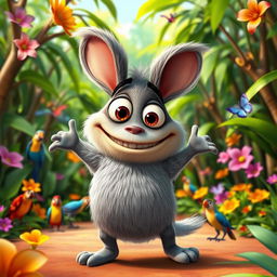 A cute and playful character inspired by Mort from the Madagascar movie franchise, standing in a vibrant jungle environment filled with lush green trees and colorful flowers