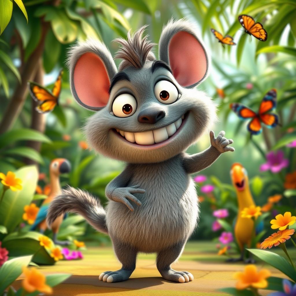 A cute and playful character inspired by Mort from the Madagascar movie franchise, standing in a vibrant jungle environment filled with lush green trees and colorful flowers