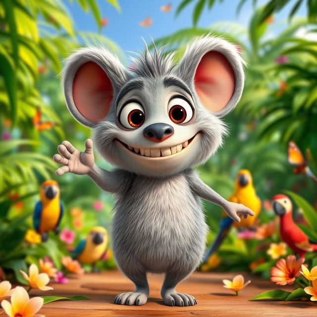 A cute and playful character inspired by Mort from the Madagascar movie franchise, standing in a vibrant jungle environment filled with lush green trees and colorful flowers