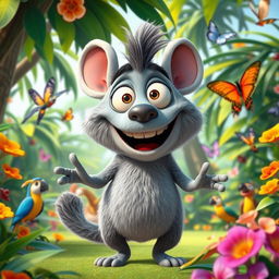 A cute and playful character inspired by Mort from the Madagascar movie franchise, standing in a vibrant jungle environment filled with lush green trees and colorful flowers