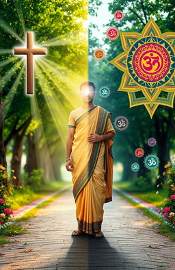 An illuminating scene depicting a person in a moment of reflection, transitioning from Christianity to Hinduism