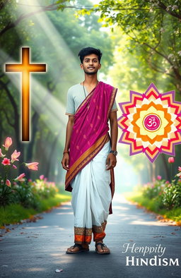 An illuminating scene depicting a person in a moment of reflection, transitioning from Christianity to Hinduism