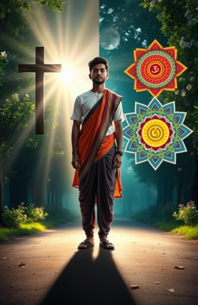 An illuminating scene depicting a person in a moment of reflection, transitioning from Christianity to Hinduism
