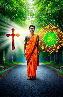 An illuminating scene depicting a person in a moment of reflection, transitioning from Christianity to Hinduism