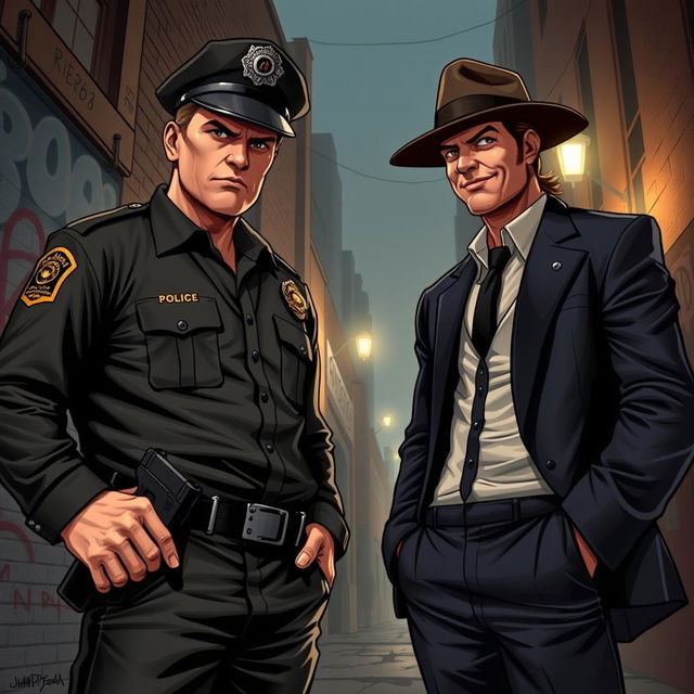 A dynamic and intense illustration of a confrontation between a police officer and a gangster in an urban setting