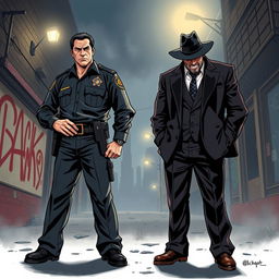 A dynamic and intense illustration of a confrontation between a police officer and a gangster in an urban setting