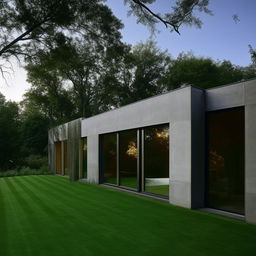 A modern home with sleek architecture, clean lines, and large windows. It should be surrounded by a lush green lawn.